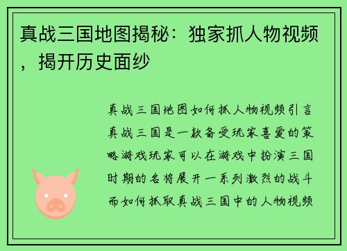 真战三国地图揭秘：独家抓人物视频，揭开历史面纱